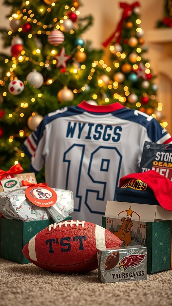 A collection of football-themed Christmas gifts including a jersey, football, and team merchandise under a Christmas tree.